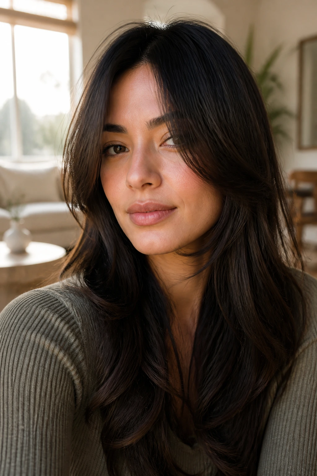Close-up of a real person with long layers and face-framing pieces