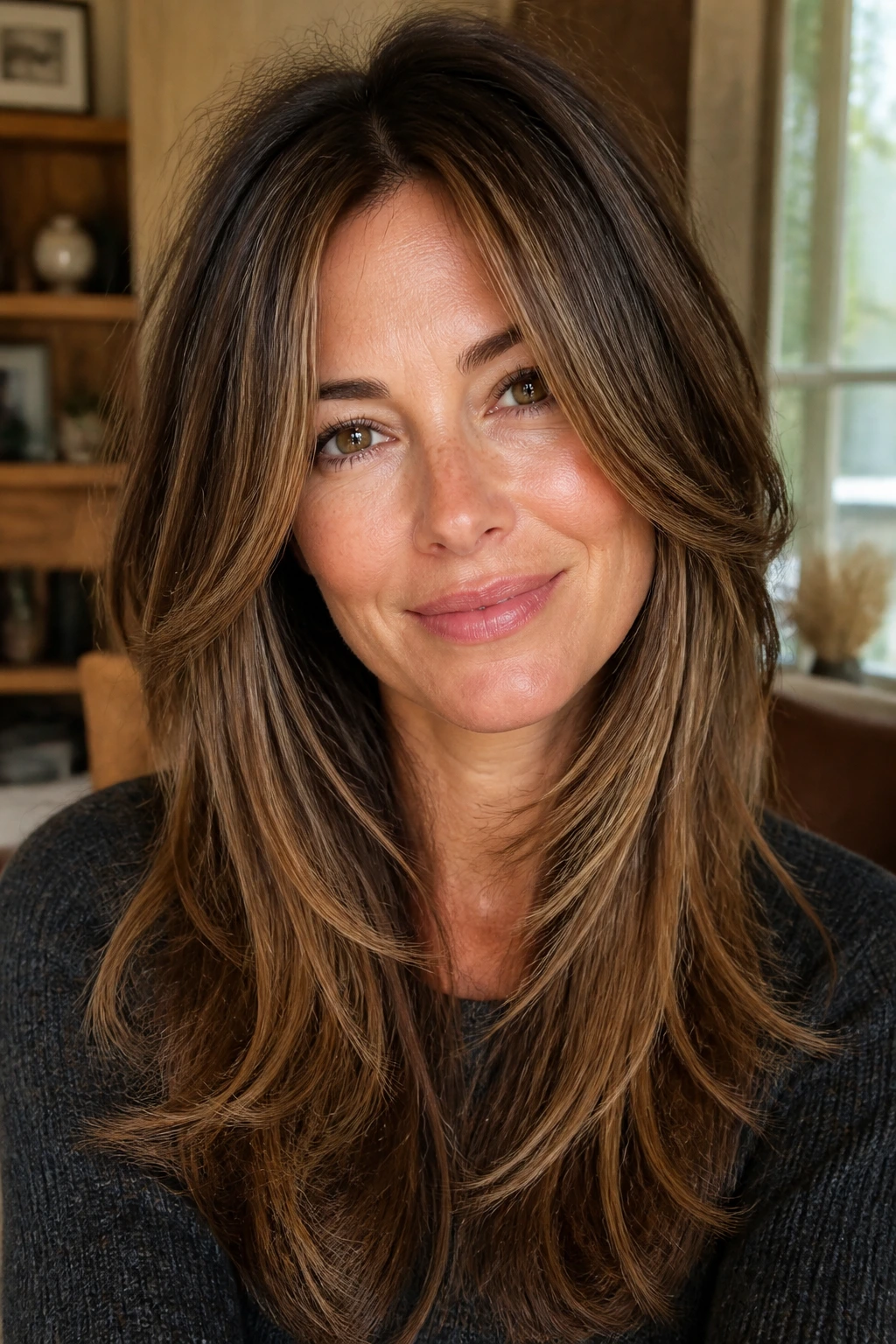 Close-up of a real woman with long layered hair and face-framing pieces