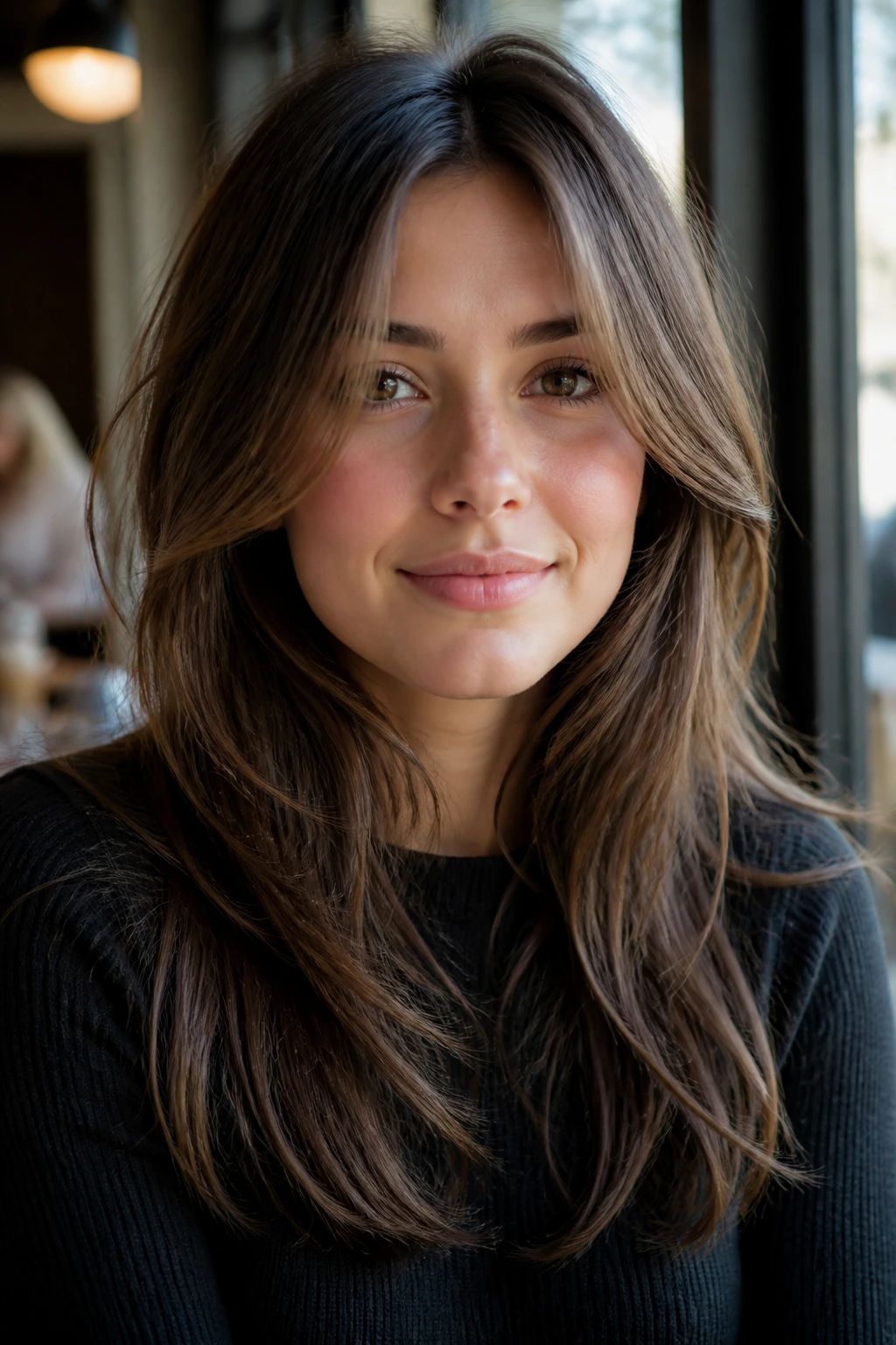 Close-up portrait of a real woman with long layers that frame the face