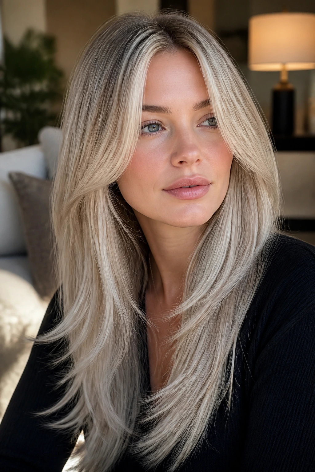 Portrait of a real woman with long layers and face-framing pieces in steel blonde.
