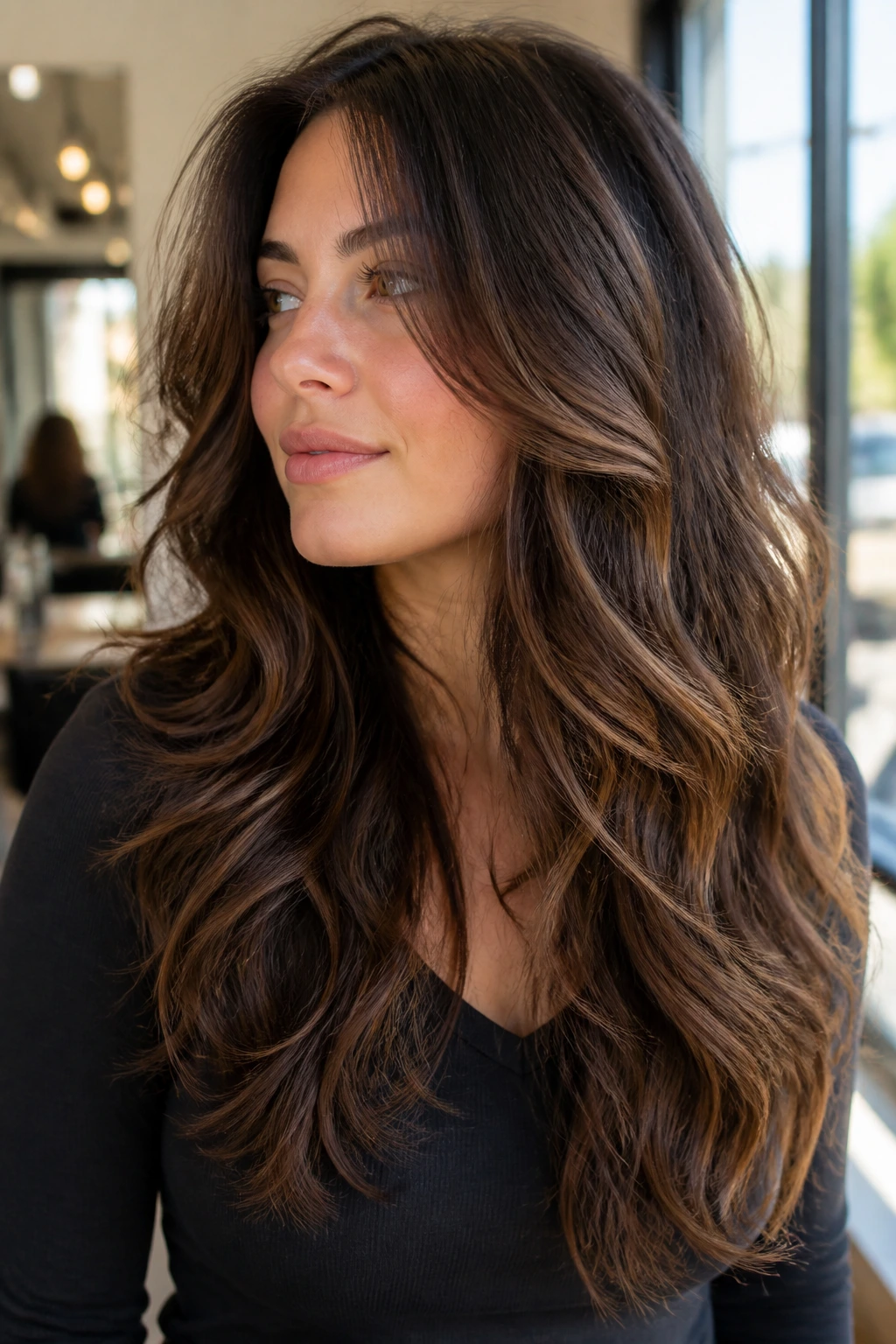 Close-up of a real woman with long layered thick-wavy hair and face-framing pieces in a sunlit salon