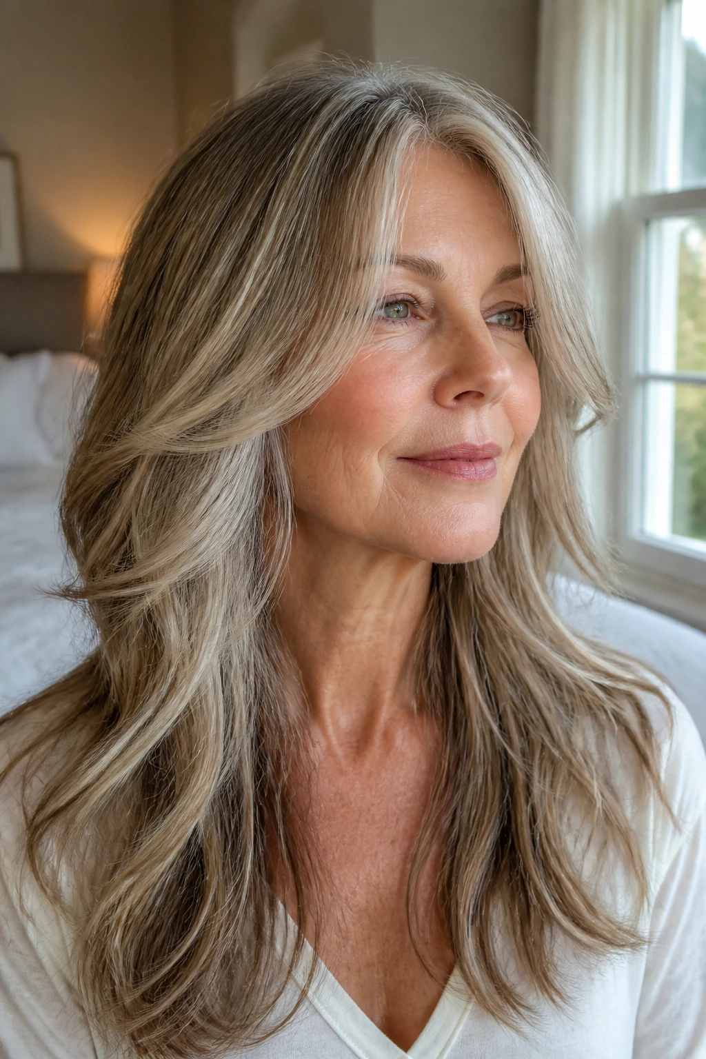 Close-up of a real woman with long layered waves and face-framing pieces in warm window light