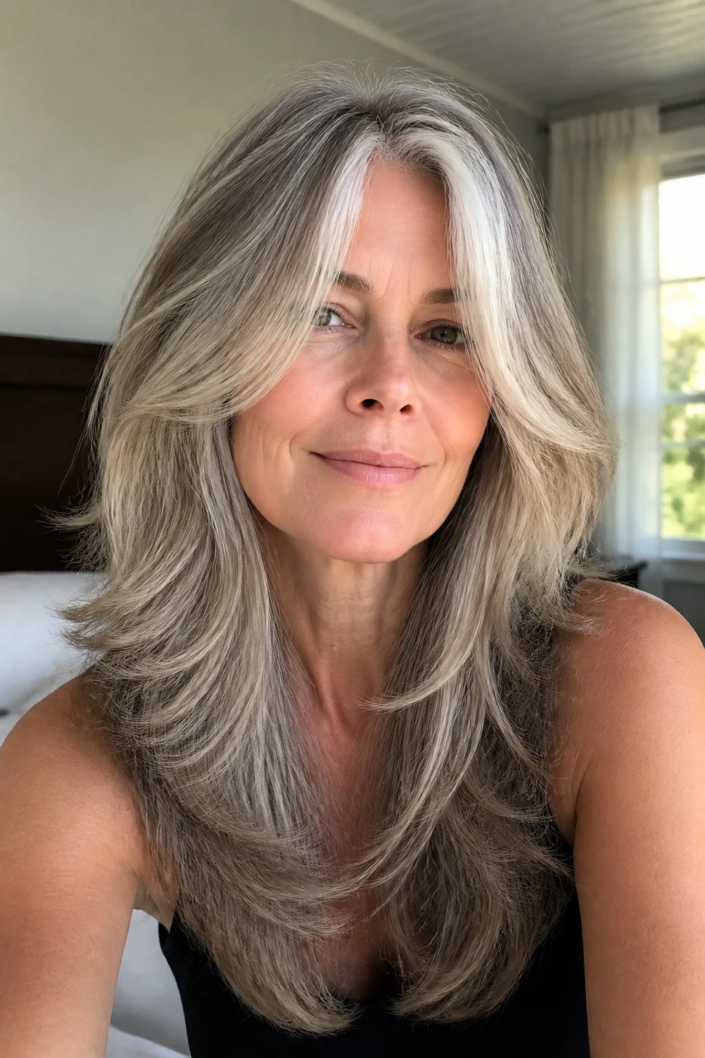 Close-up portrait of a real woman with long layers and a face-opening sweep