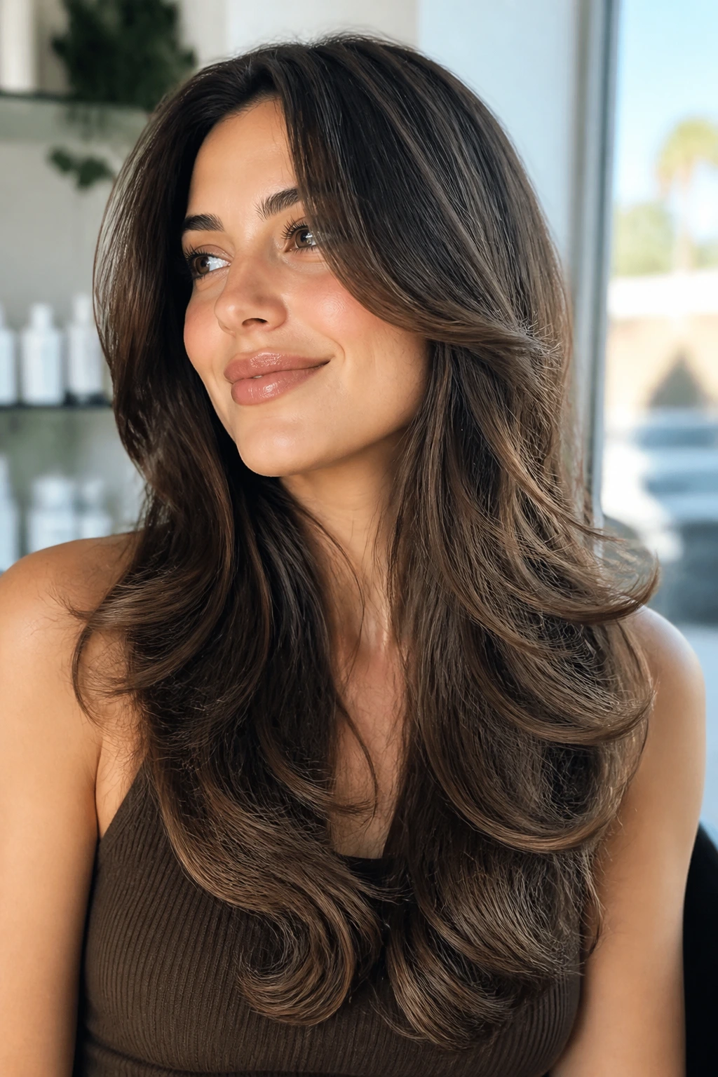 Close-up of a real woman with long layers flipping away at the ends