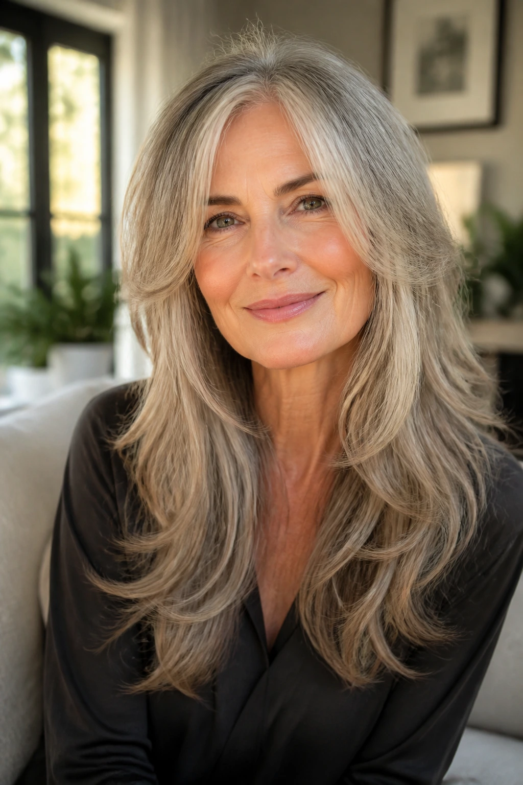 Close-up of a real woman with long layered hair and face-framing pieces at cheekbone