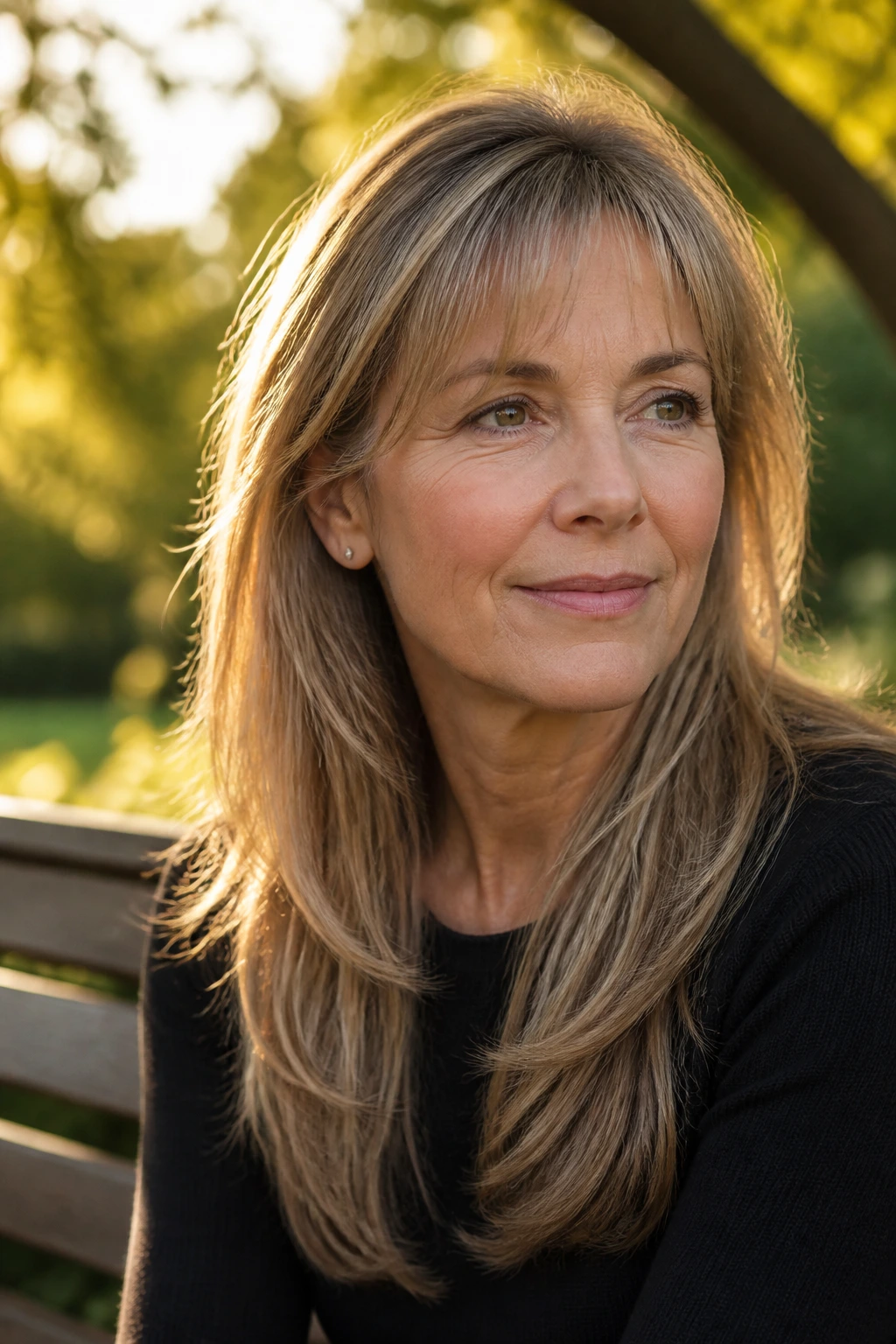 Close-up of a real woman with long layered hair and a wispy fringe in golden hour light.