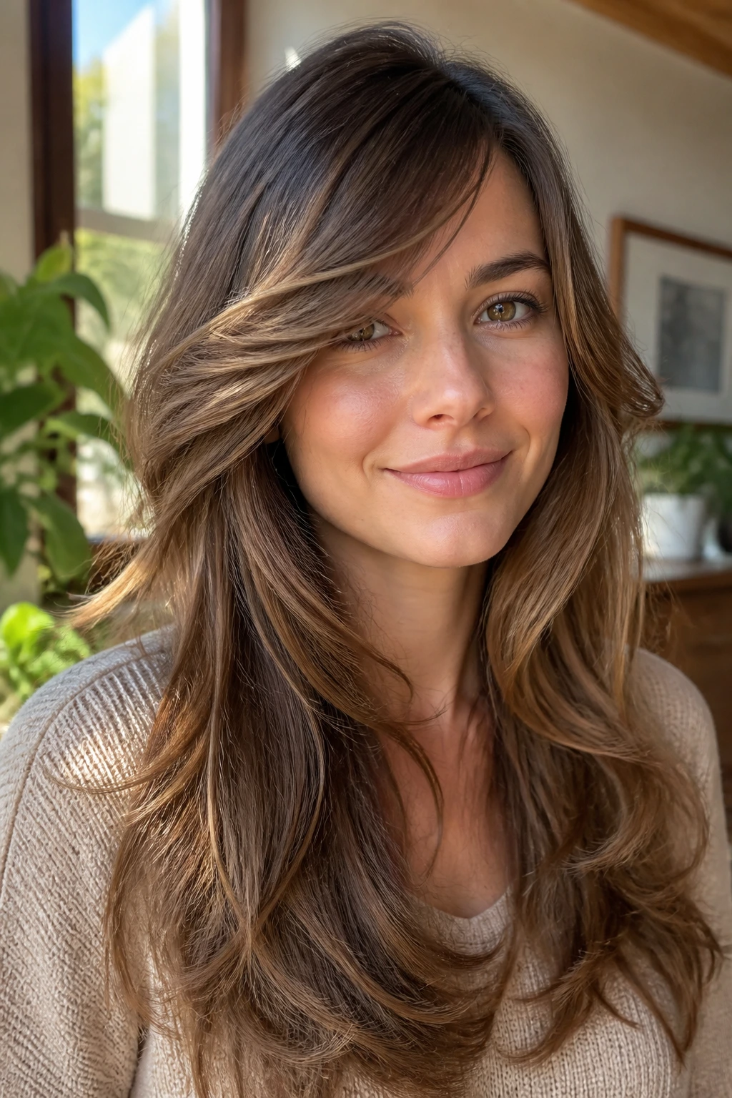 Close-up of a woman with long layers and a side-swept fringe