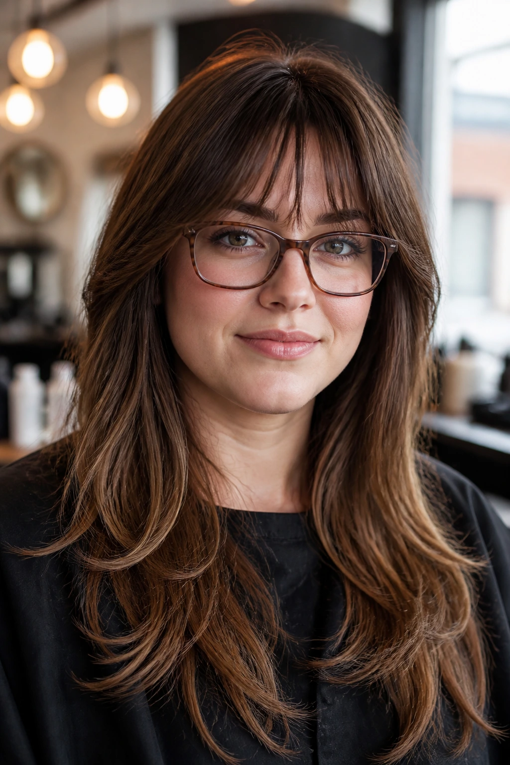Close-up portrait of a real woman with long layered hair and a glasses-clearing fringe wearing thin frames