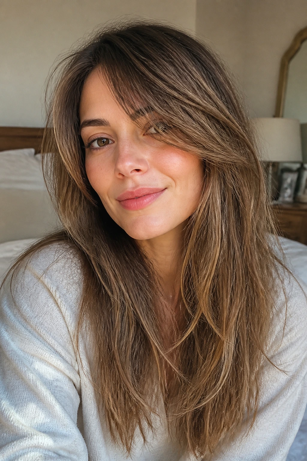 Portrait of real woman with long layered hair and side fringe.