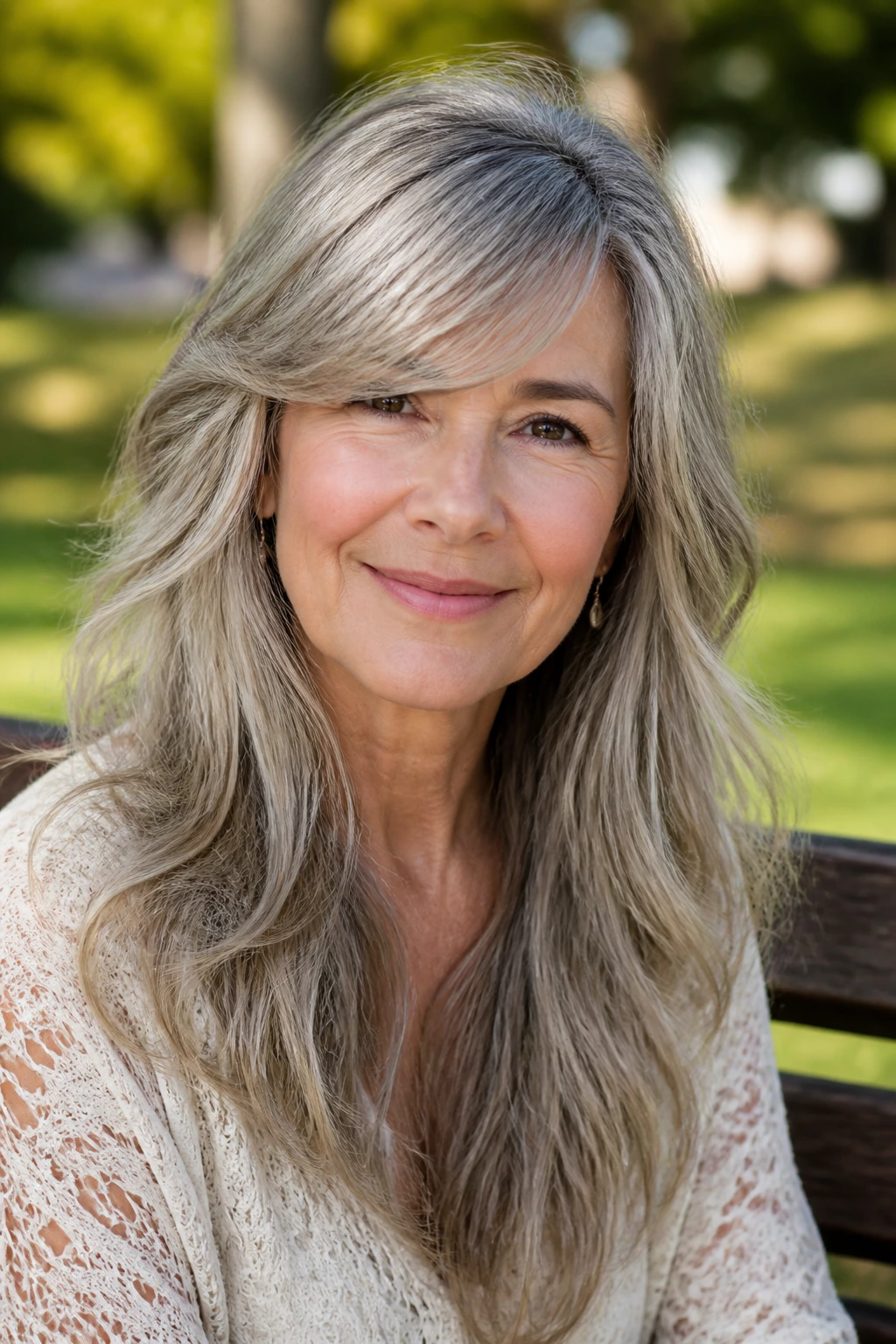 Close-up of a real woman with long layers and side-swept fringe in outdoor light