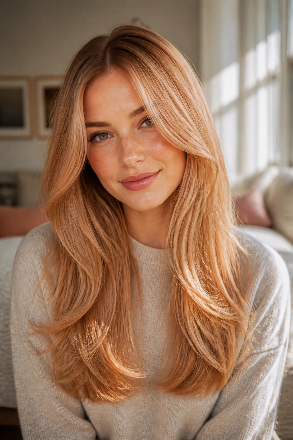 Close-up of a real woman with long layered hair and glossy ends in warm peach-gold tones under natural window light
