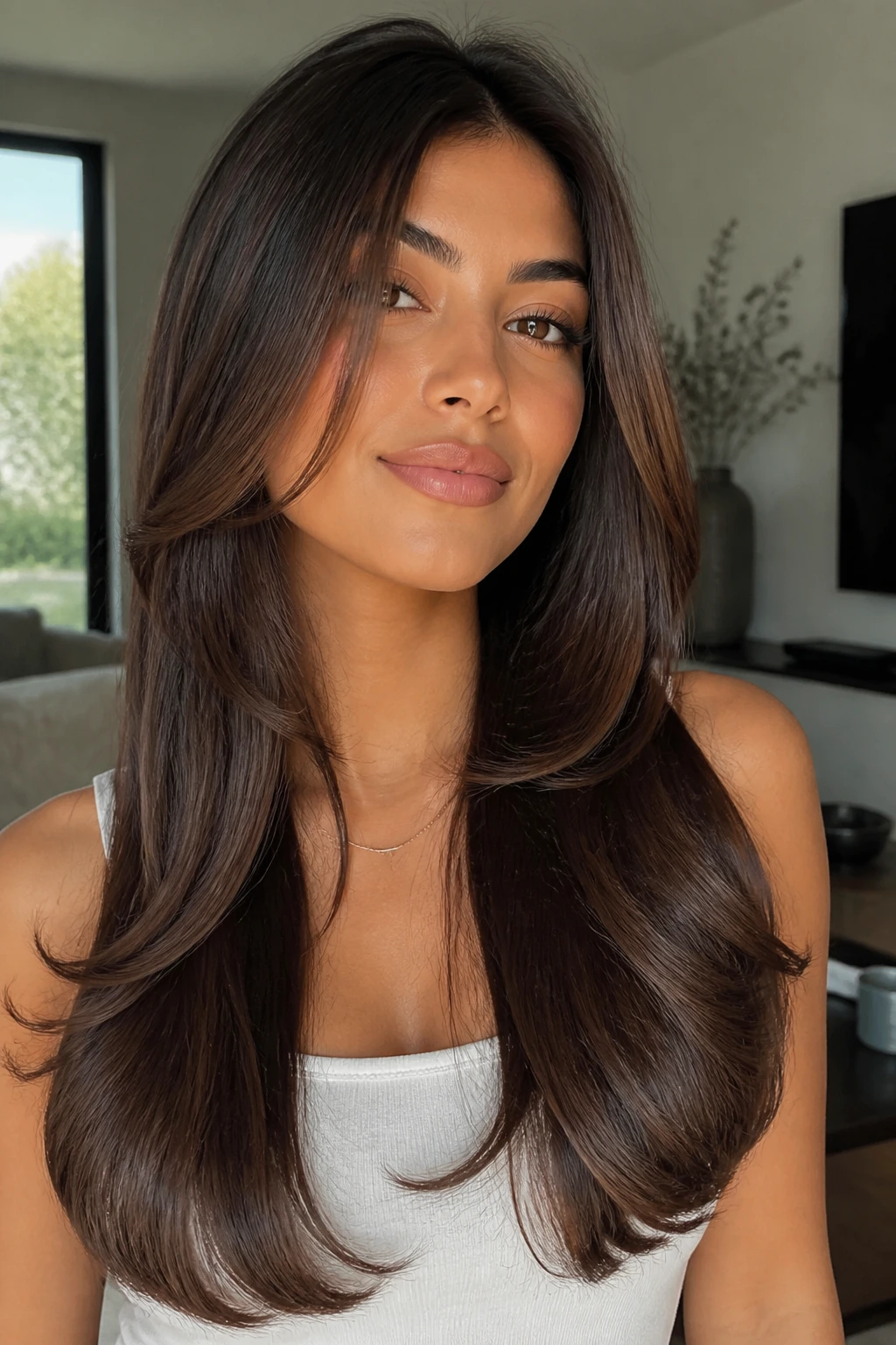 Real woman with long layered hair and glossy blowout ends in a bright living room.