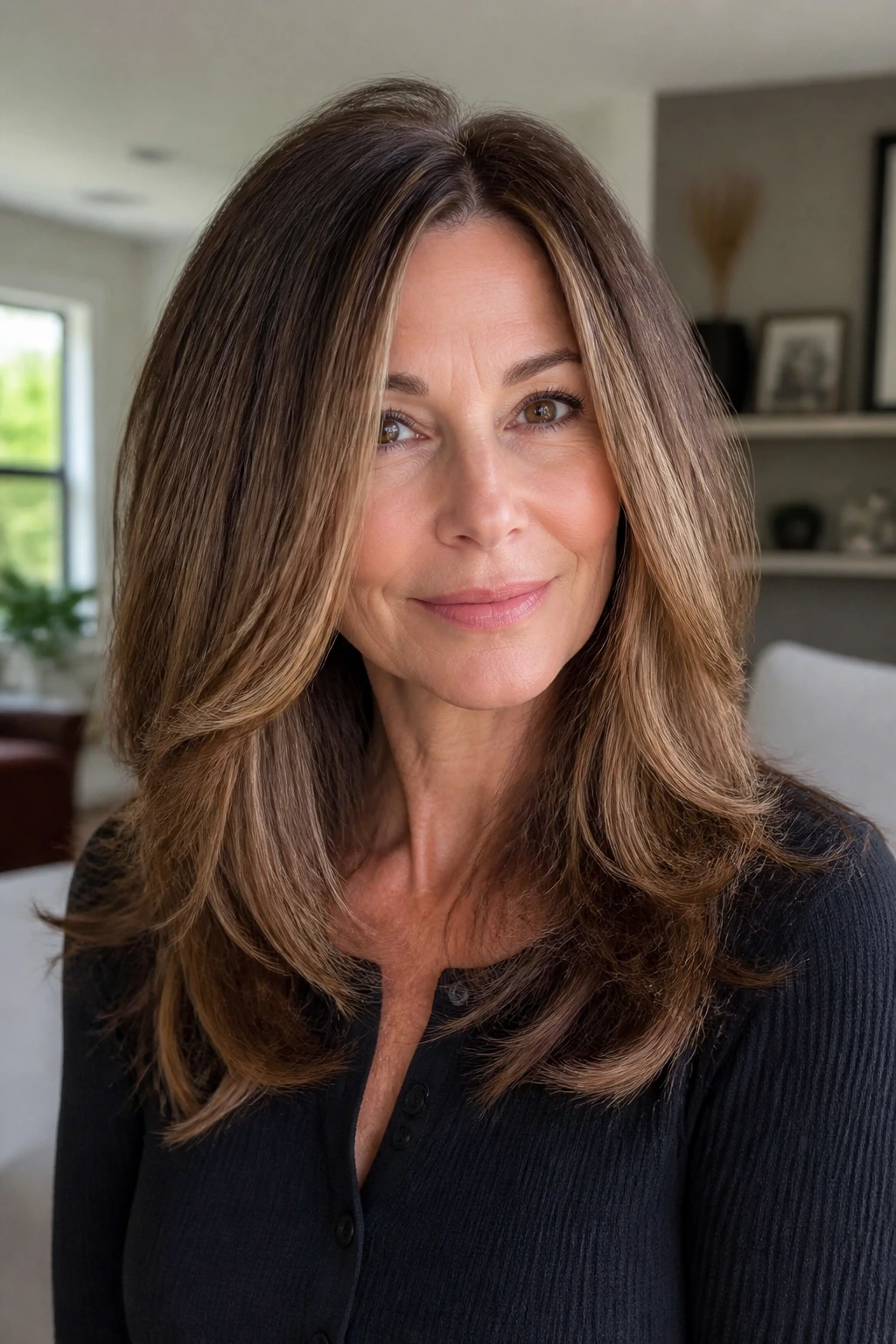 Portrait of a woman with long layered hair maintaining fullness at the ends