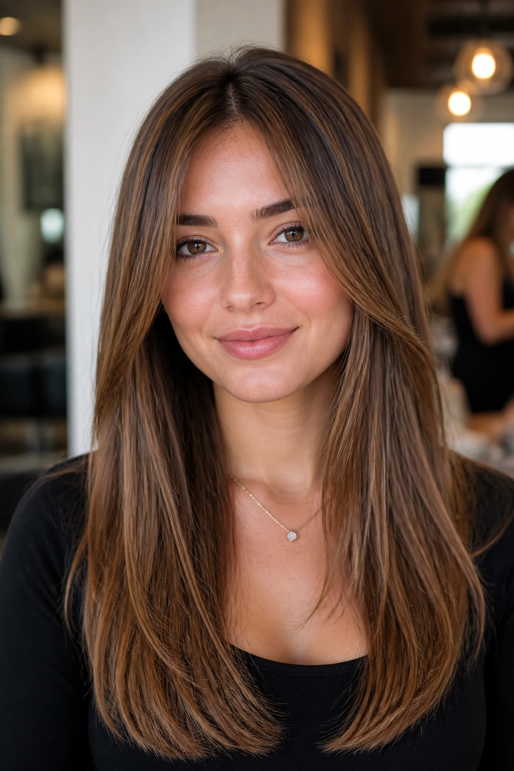 Portrait of a real woman with long straight hair showing layered front on a heart-shaped face