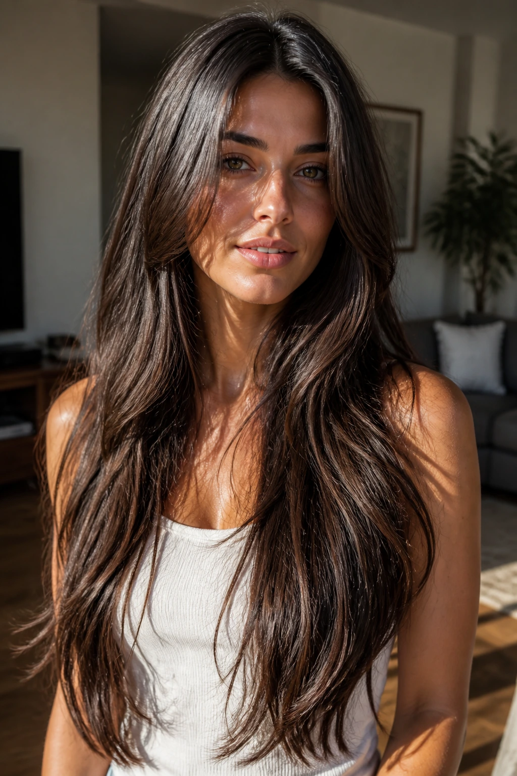 Close-up of a person with long layered hair showing internal layers and face-framing pieces