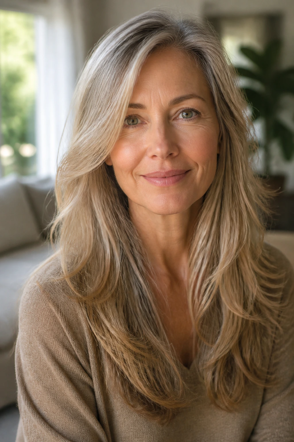 Portrait of a woman with long layered hair and soft ends in bright room