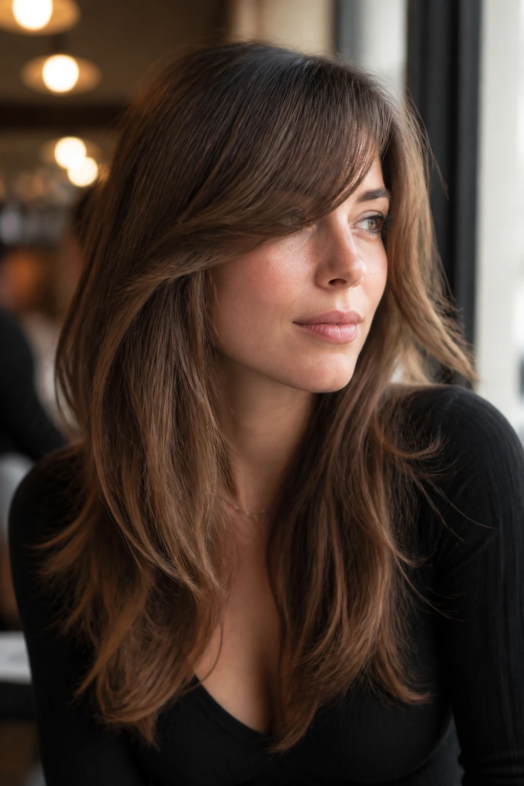 Close-up portrait of a real woman with long layers and heavy swept bang near a cafe window