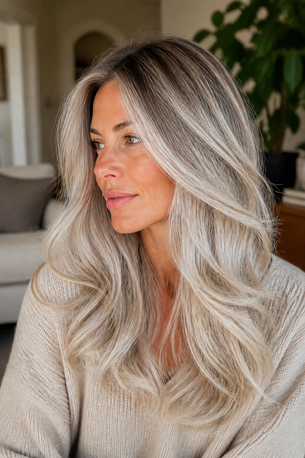 Portrait of icy blonde hair with silver-tea root shadow and long layers