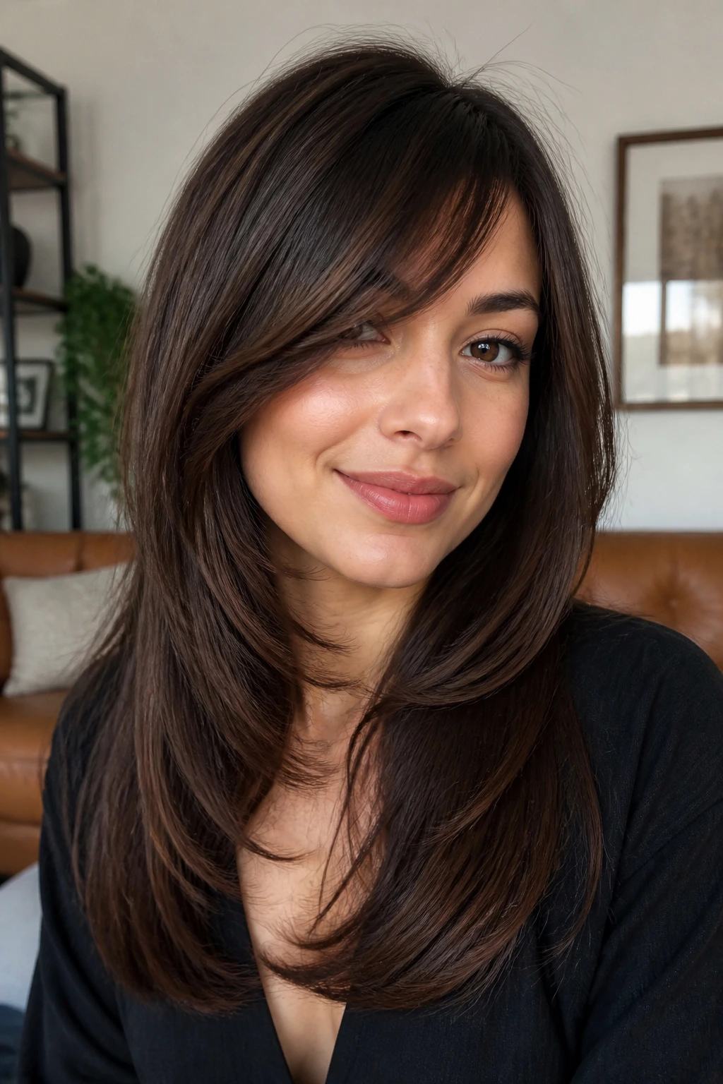 Close-up of a real person with long layers curving inward at the jaw