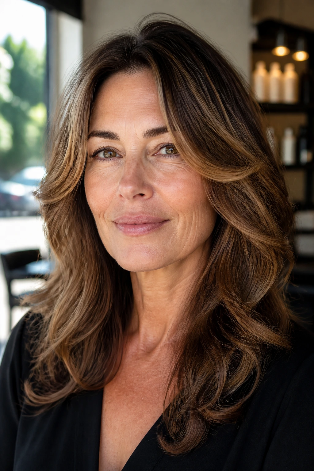 Close-up of real woman with wavy hair showing long layers softening jawline