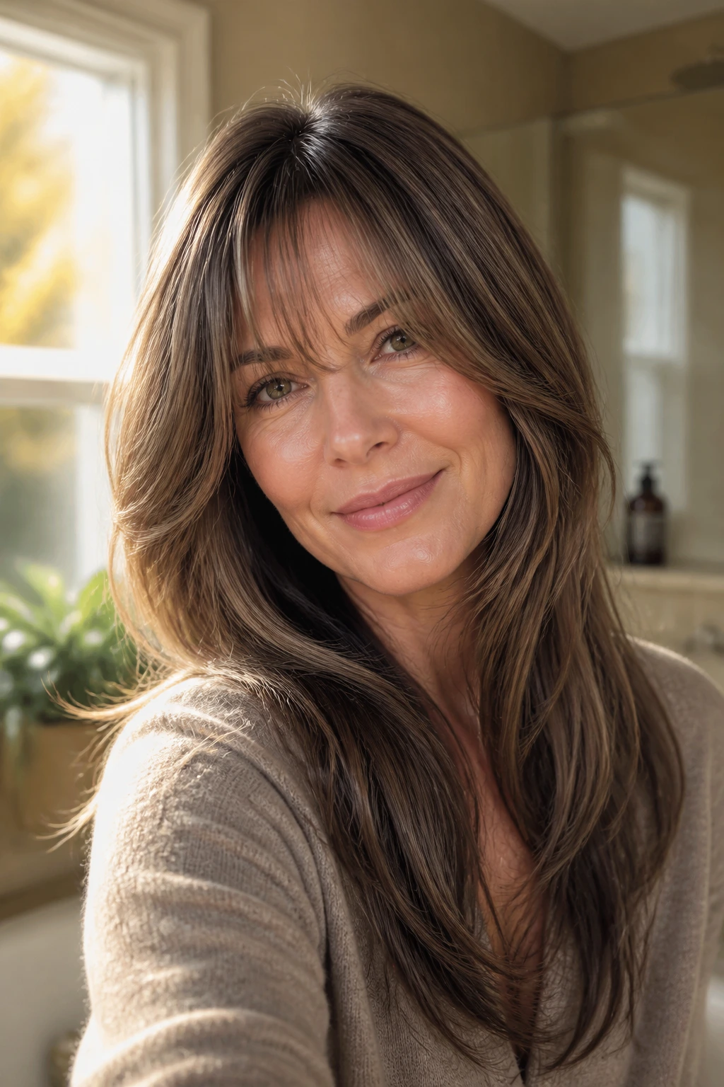Portrait of a woman with long layered bangs and lowlights for fullness.