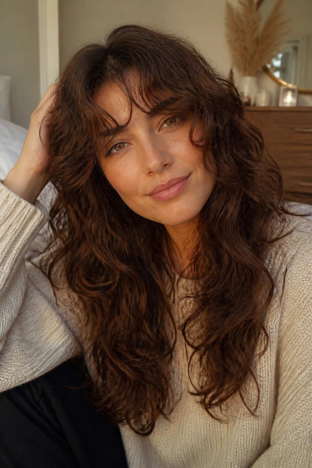 Close-up of a real person displaying long layer shapes between trims