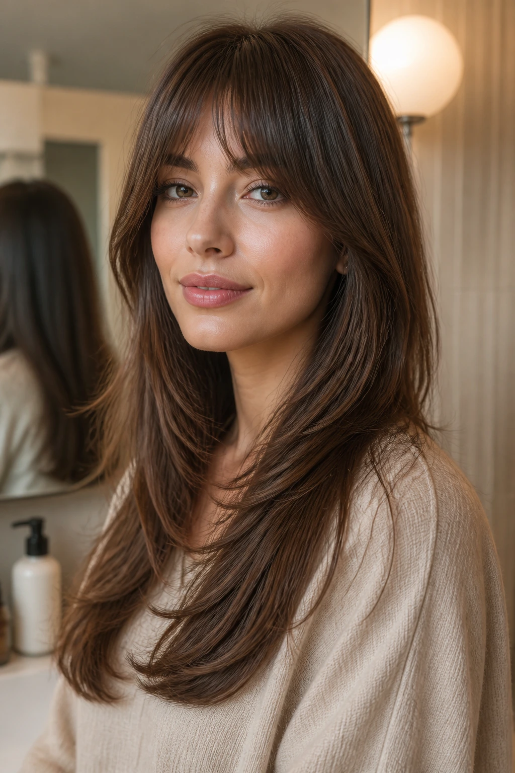 Portrait of a woman with neatly shaped long layers.