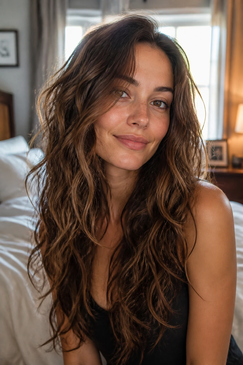 Close-up of a real woman with long layered mixed-texture wavy hair in warm bedroom light