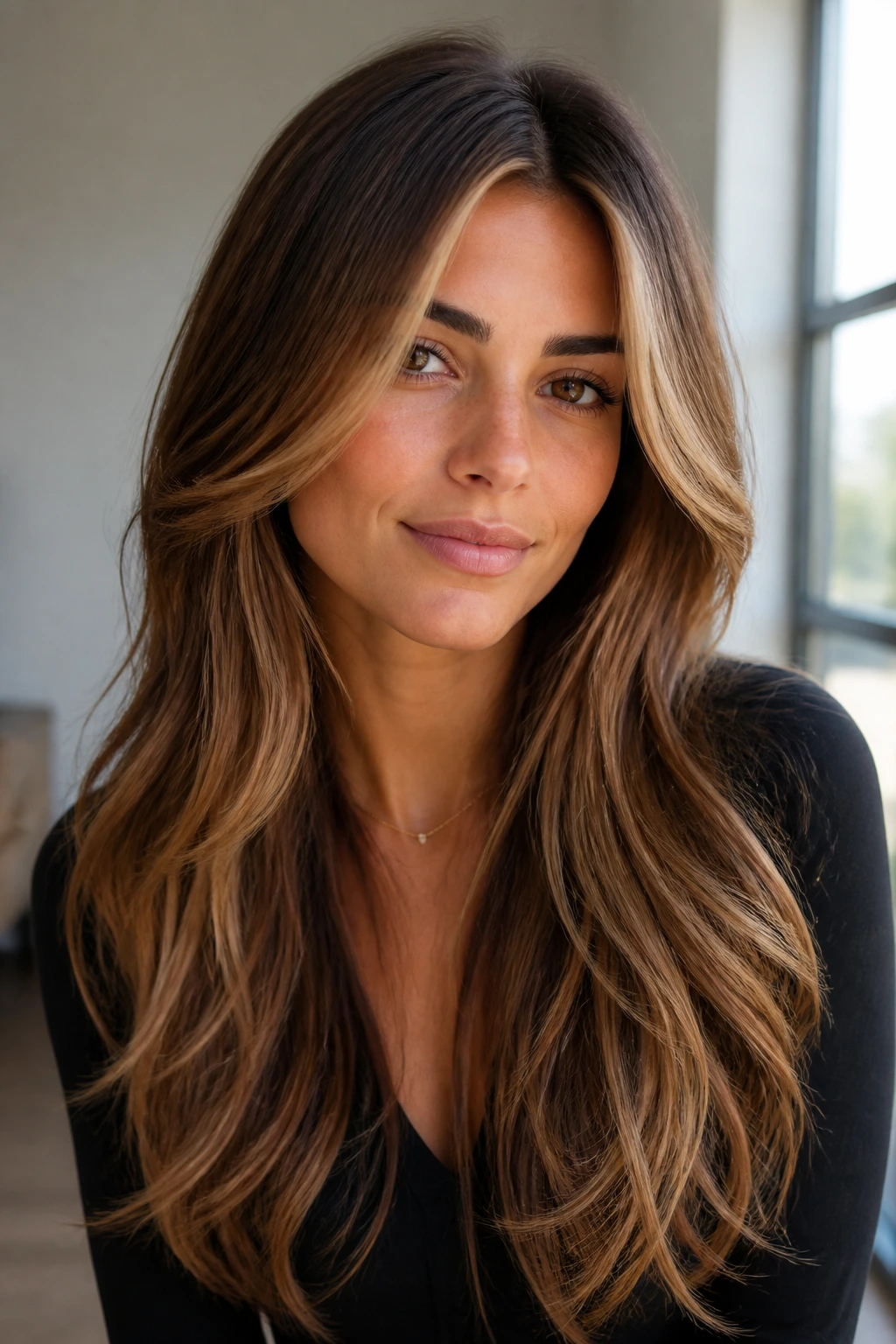 Long hair with face-framing money piece in caramel.