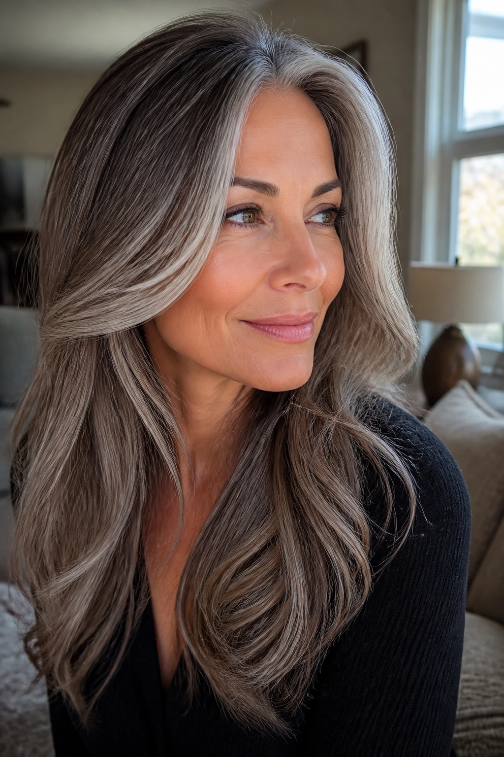 Close-up of a real woman with long grey hair and silver money pieces framing the face