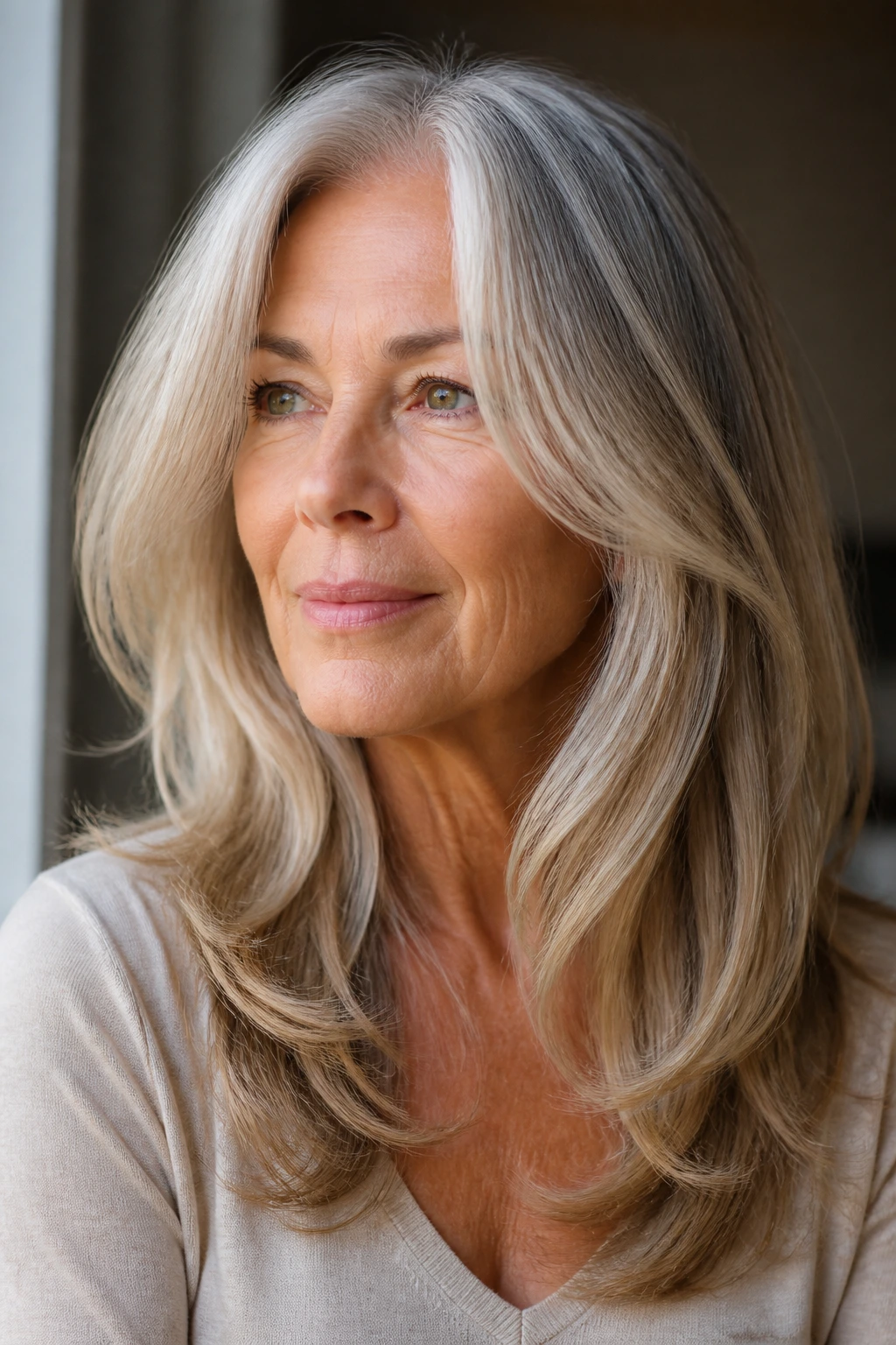 Real woman with long layered hair showing airy movement