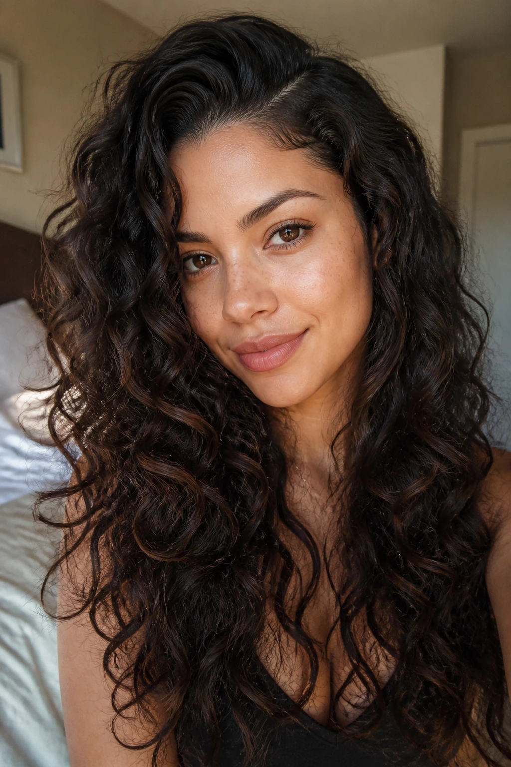 Close-up portrait of a real person with long layers and off-center part in a cozy bedroom