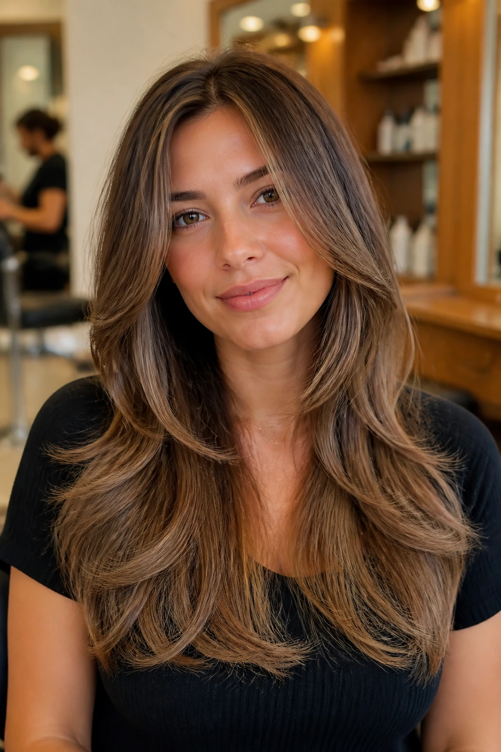 Real woman with long layered hair and full ends in a warm salon