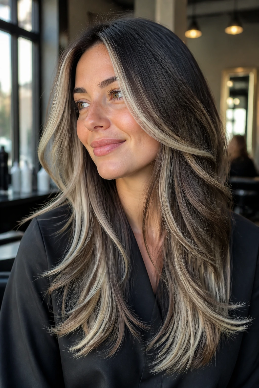 Close-up of a real woman with long layered hair and platinum peekaboo highlights around the face in a salon.