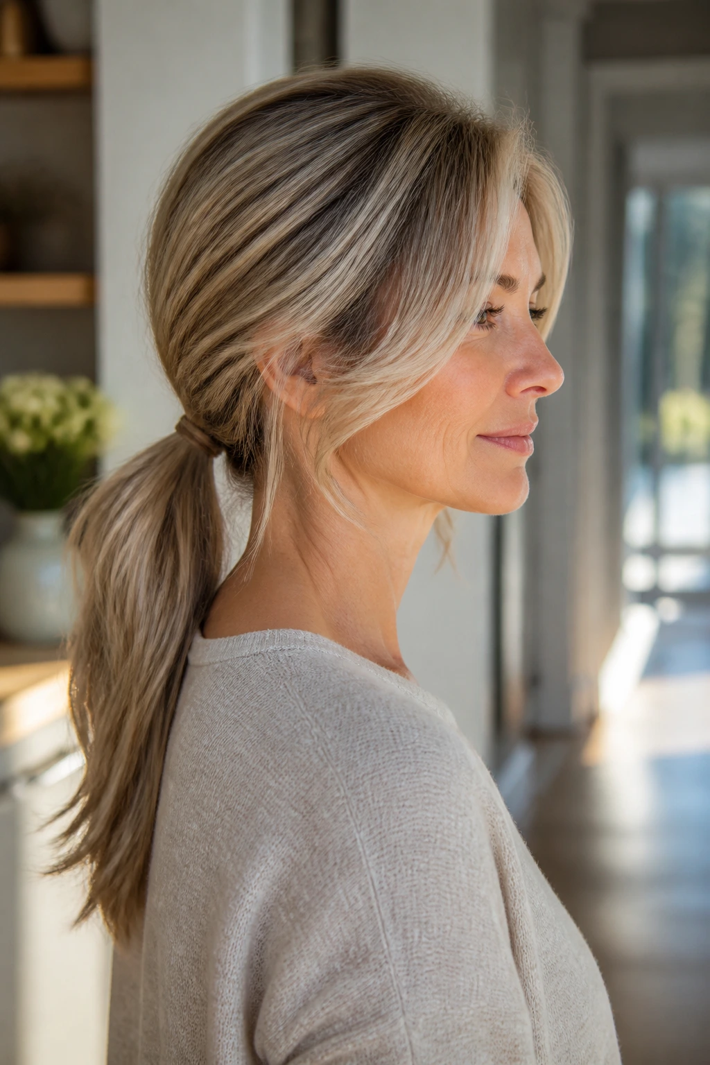 Side-profile of a real woman with long layered hair ready for a low ponytail