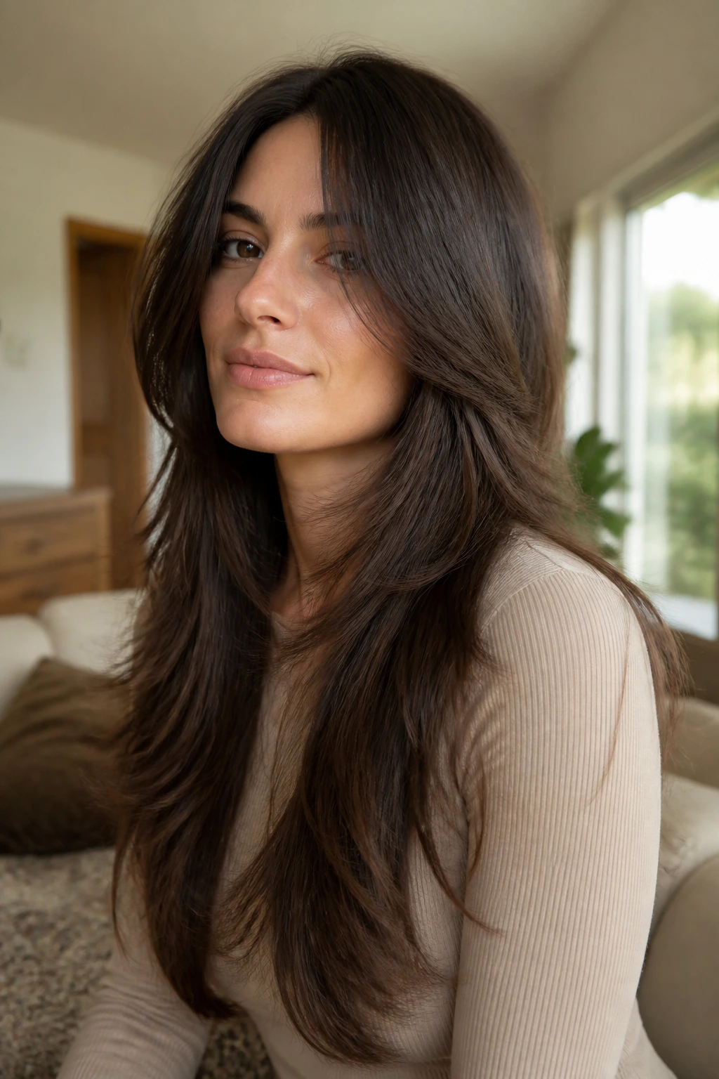 Portrait of a woman with long layered thick hair and soft mid-length layers in warm daylight