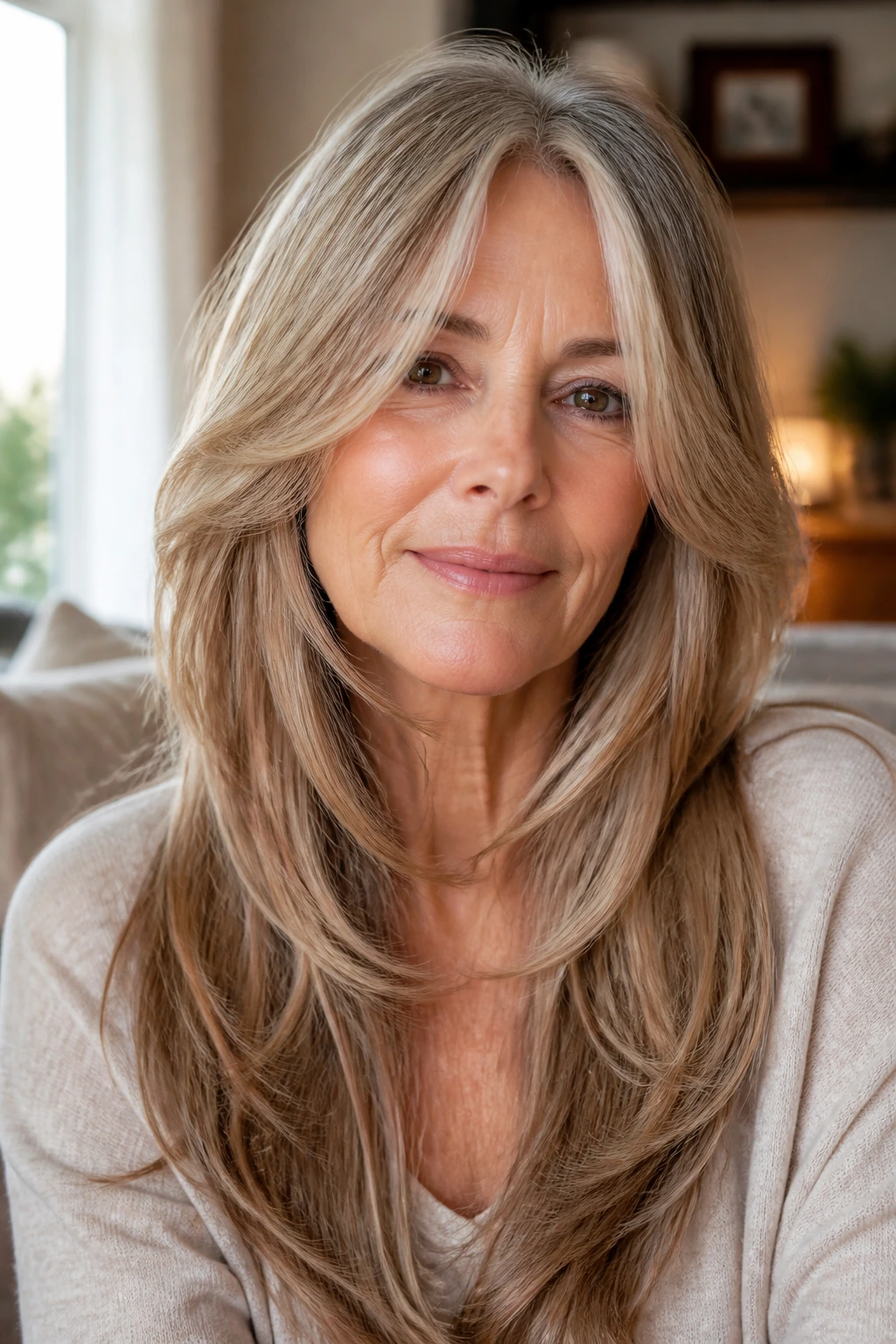 Close-up of a real woman with long, soft layered hair framing her face in a cozy living room