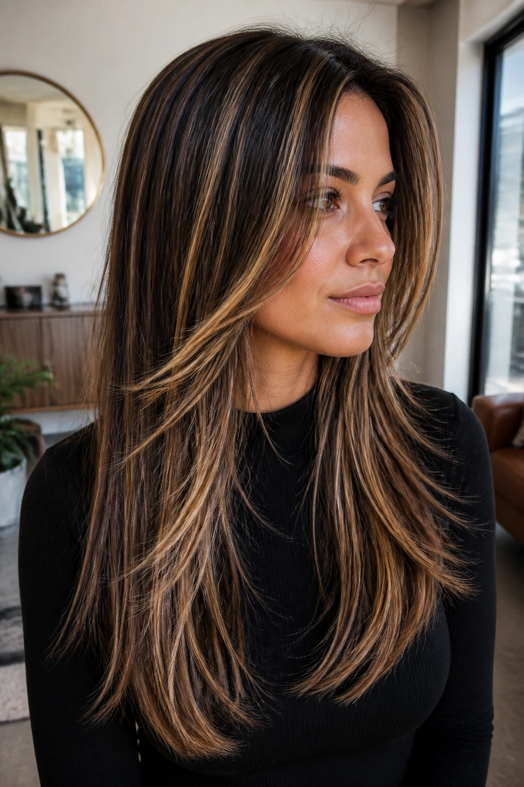 Close-up of long layered hair with ribbon-like caramel highlights
