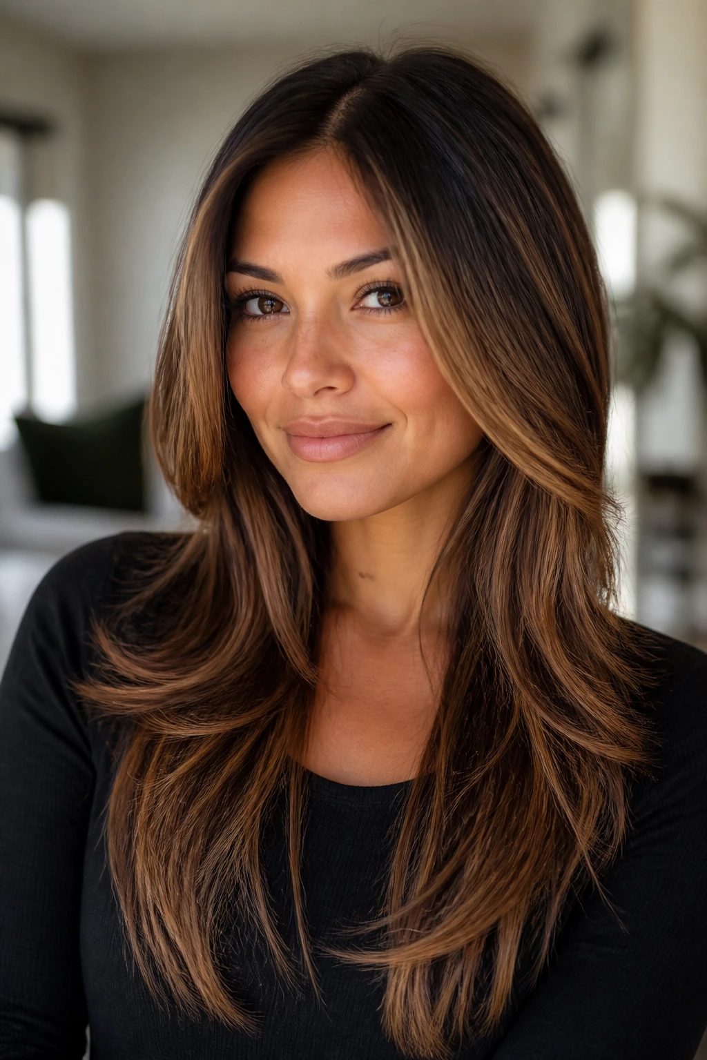 Portrait of a woman with long layers elongating a round face and caramel highlights