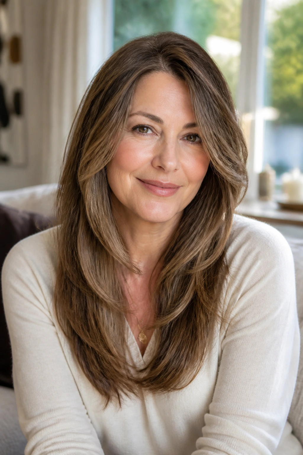 Portrait of a real woman with long vertical layers for round faces