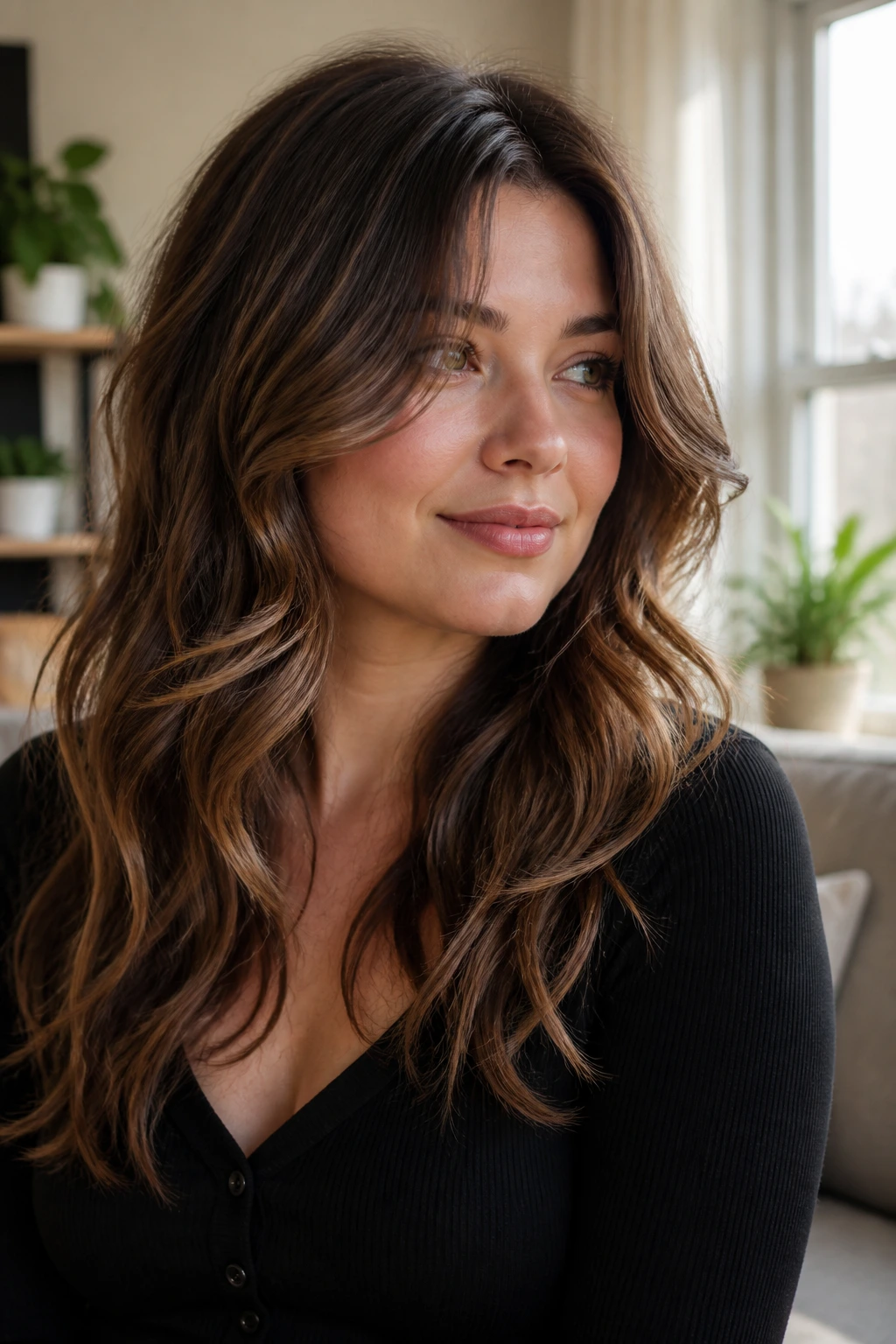 Three-quarter portrait showing how long layers shape wavy hair on a round face
