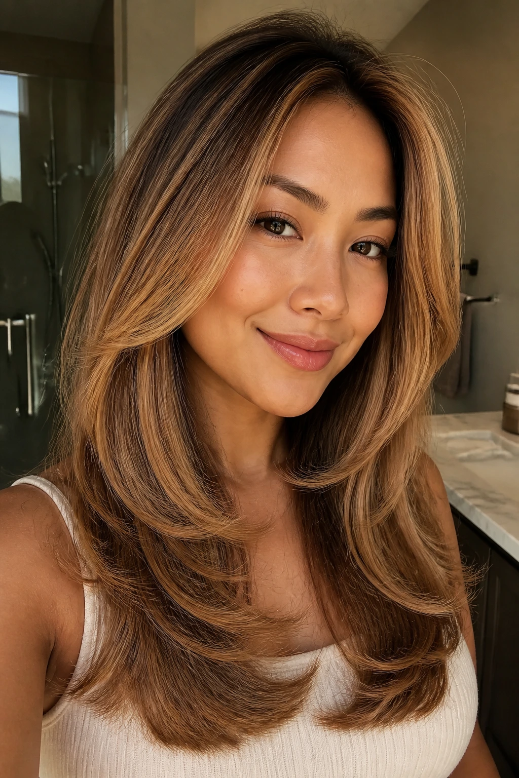 Real person with long layered hair and a rounded blowout showing warm caramel tones