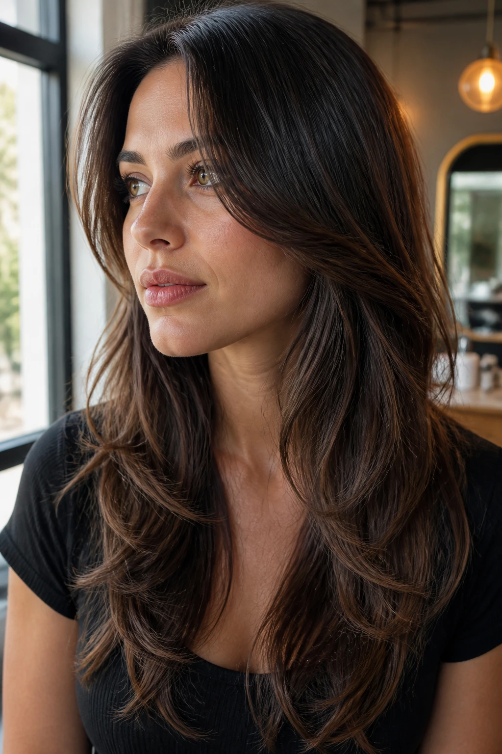 Close-up of a real woman showing cut details: layered jawline and rounded perimeter