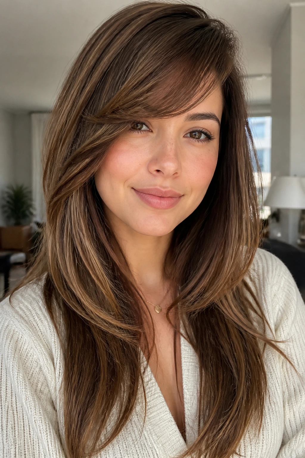 Close-up of real woman with long layered hair and heavy-easy side fringe