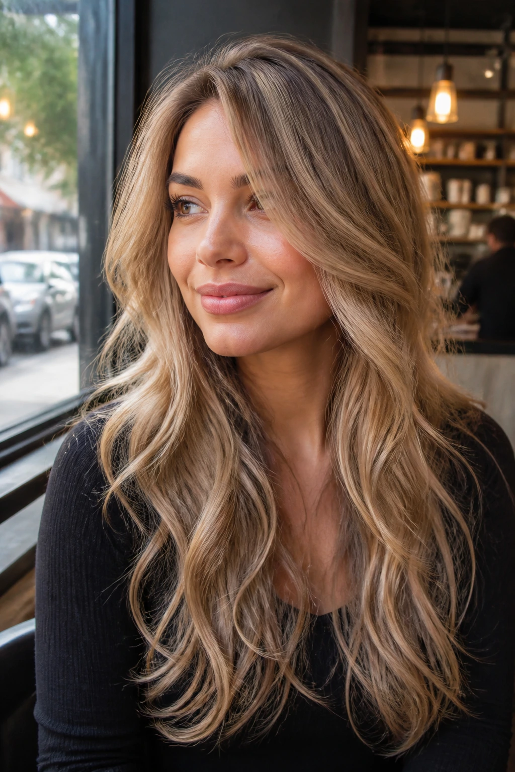 Portrait of a woman with long layers and champagne babylights