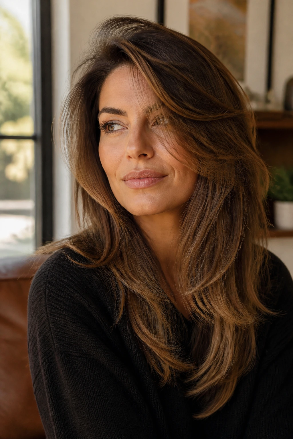 Portrait of a woman with long layers and side sweep illustrating weight shift and face framing