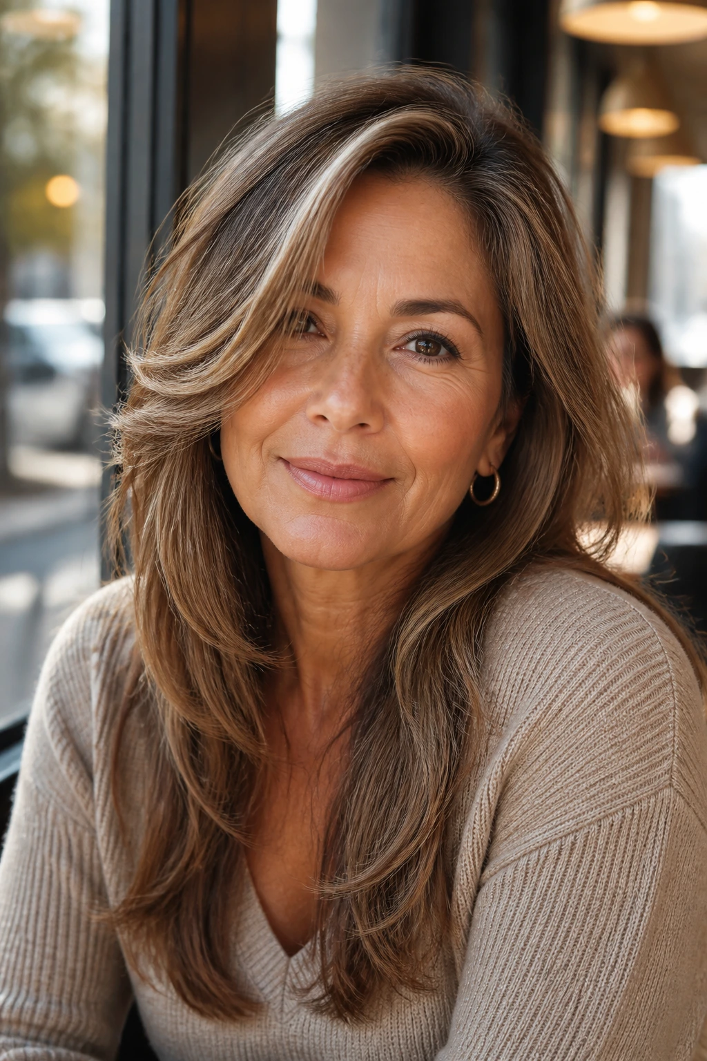 Close-up of a real woman with long side-swept layers in a sunlit cafe setting.