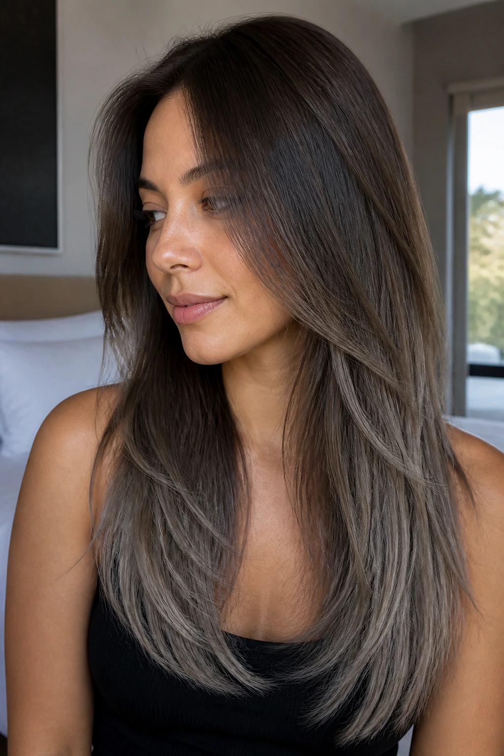 Close-up of a real person with long layered hair fading to smoky grey ends