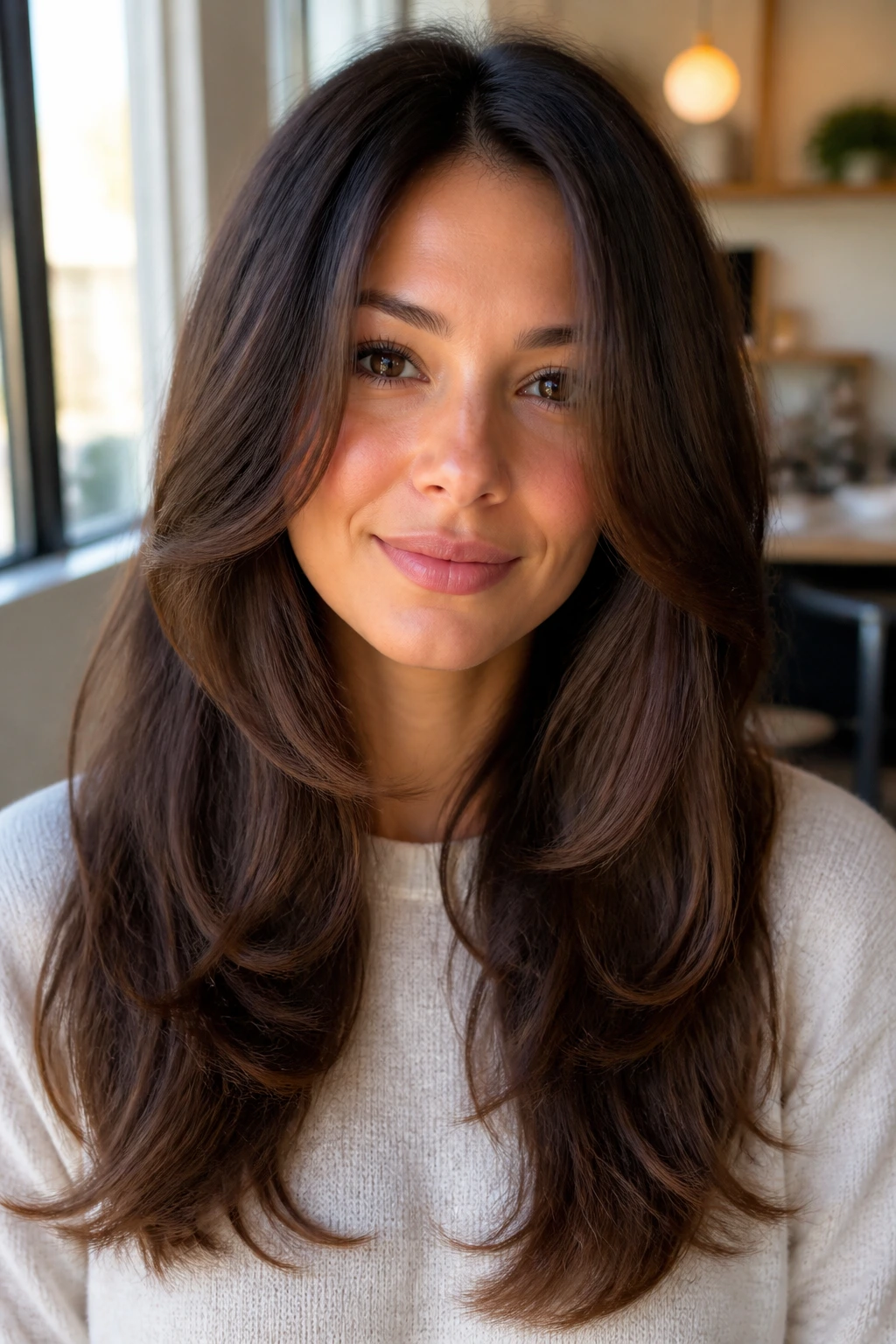 Portrait of a real woman with balanced long layers and soft ends