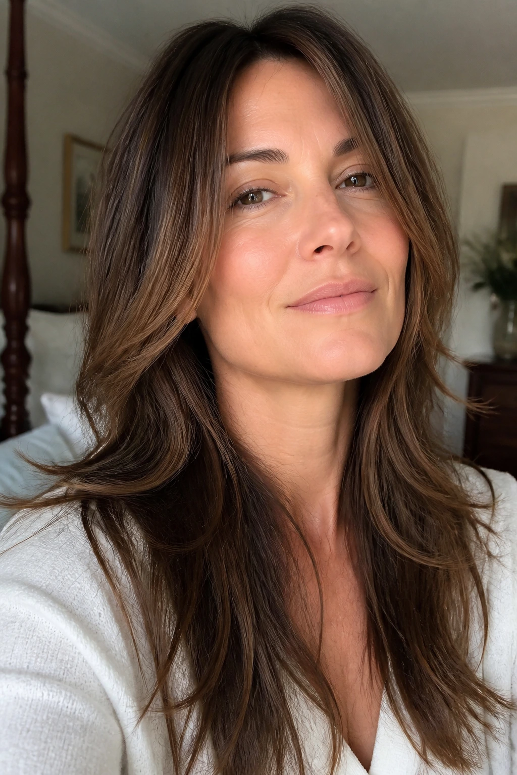 Close-up portrait of a real woman with long layered hair softly framing square jaw.